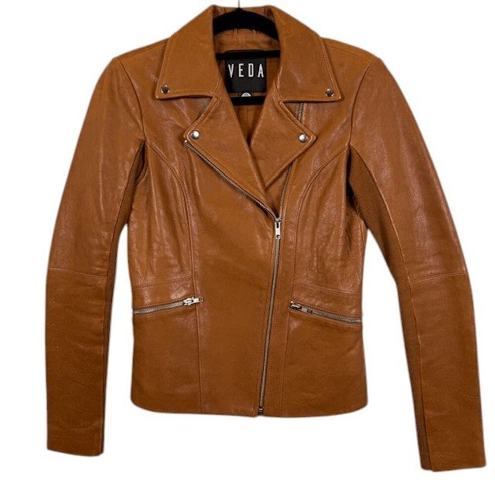 VEDA Lamb Leather Moto Dallas Jacket Rare Cognac Brown Asymmetric Zip Size Small